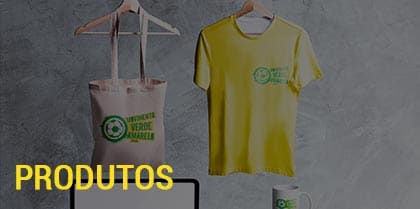 Texto Produtos com a imagem de uma sacola e uma camiseta com os logotipos do Movimento Verde Amarelo